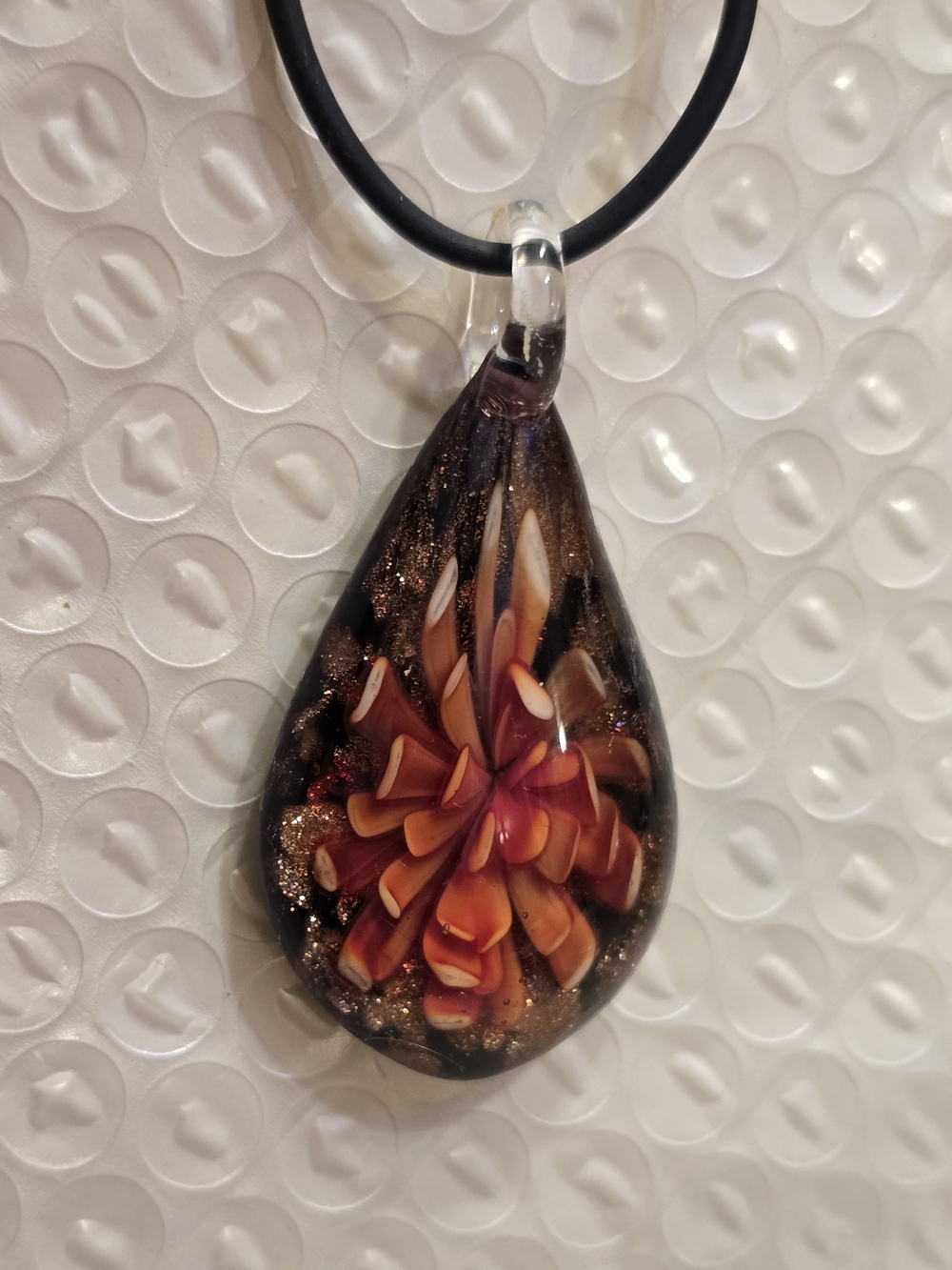 Hand-Blown Glass Teardrop Pendant Necklace in Orange and Brown